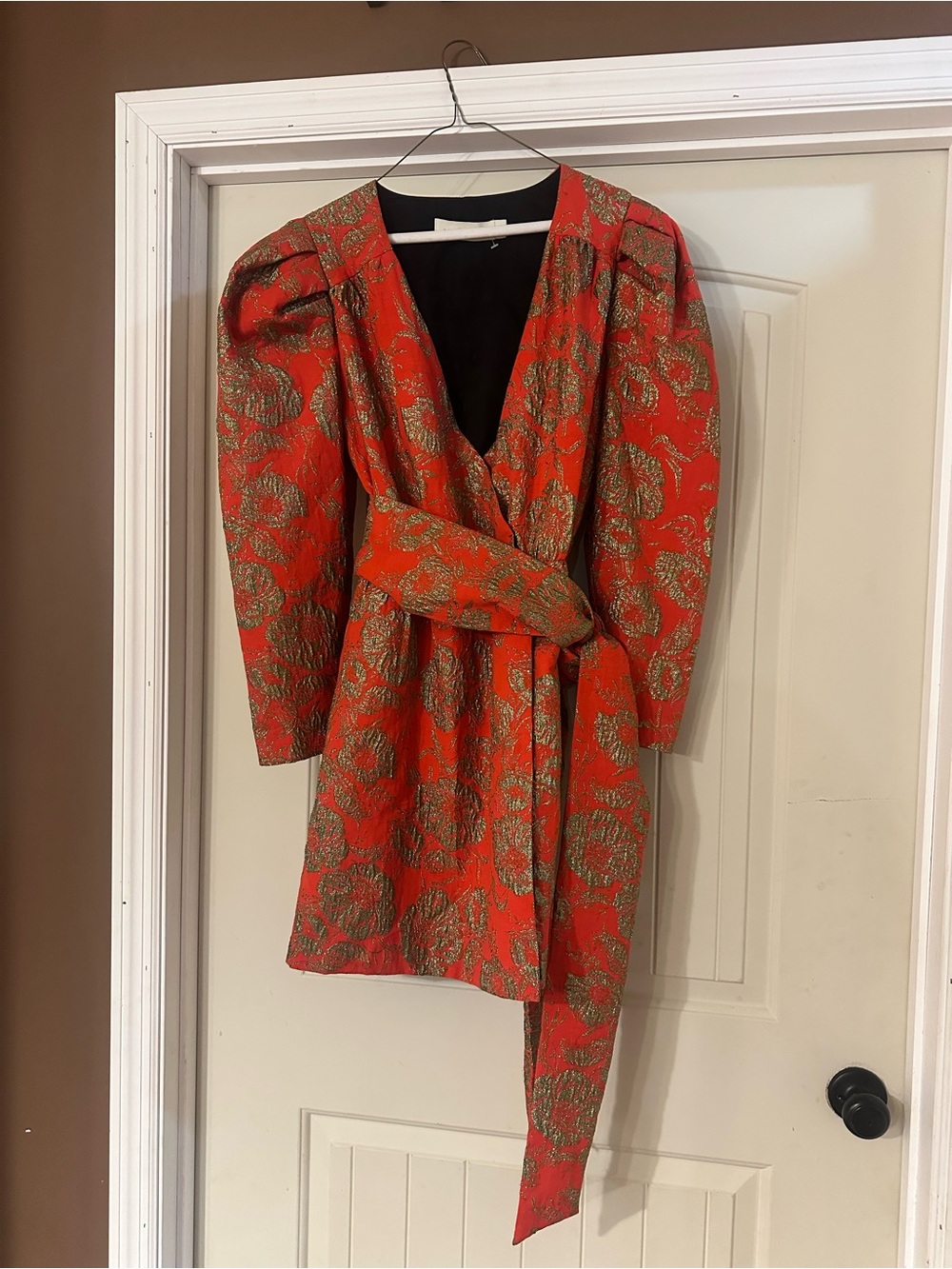 Happy x Nature Red Jacquard Metallic Floral Brocade Wrap Dress with Puff Sleeves